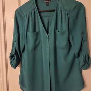 Express Teal V-Neck Blouse